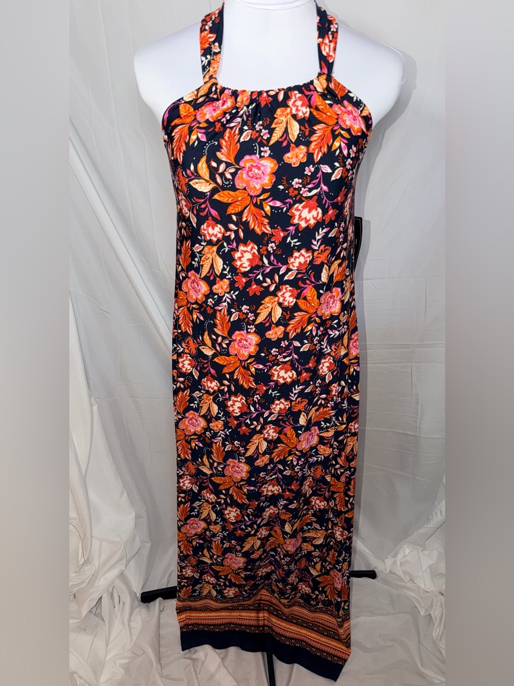 MSK Floral Halter Maxi Dress in black with Orange & Pink